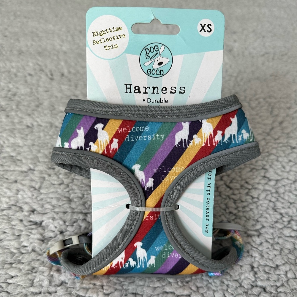 Dog is Good Reflective Rainbow Stripes Welcome Diversity print harness collar XS